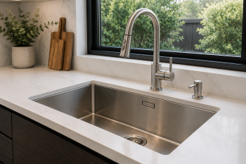 Modern kitchen sink with chrome faucet; kitchen sink installation adelaide