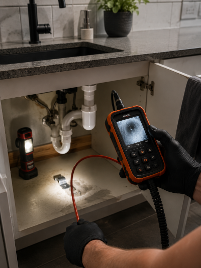Gloved person using a handheld inspection camera under a kitchen sink to check plumbing for water leaks
