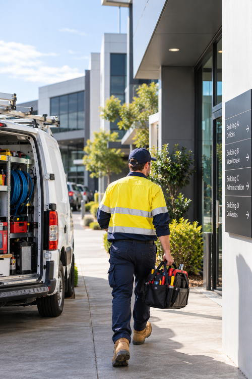 Plumber carrying tools beside a service van on a city sidewalk