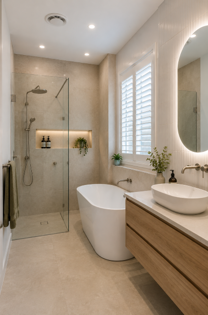bathroom renovation adelaide - modern beige bathroom with glass shower, freestanding tub, wood vanity, and oval mirror