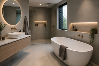 bathroom renovation adelaide: modern minimalist bathroom with freestanding tub, floating vanity, round mirror