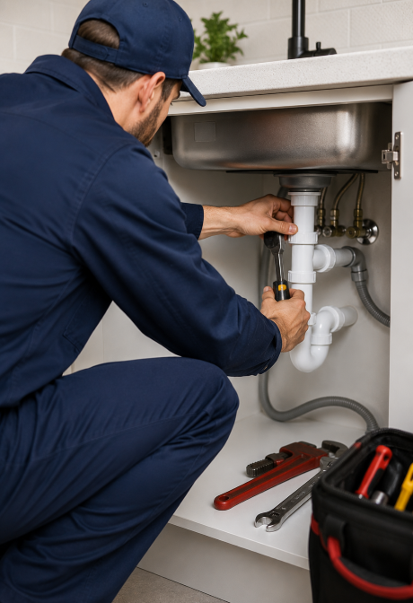 Plumber repairing under-sink pipes in a kitchen cabinet