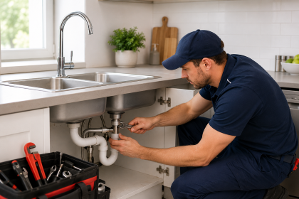 Plumber repairing under-sink pipes in a bright kitchen with tools beside him