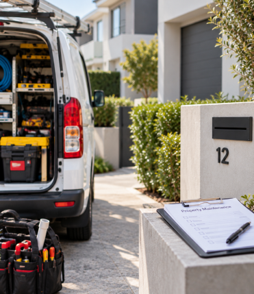 Open service van with tools outside house number 12, with a clipboard on a gatepost