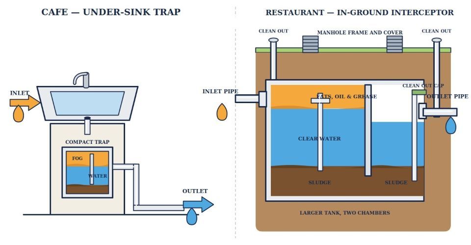 simple cafe grease trap vs big commercial kitchen restaurant in ground interceptors