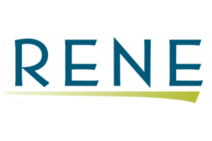 Blue “RENE” logo with a thin green curved underline