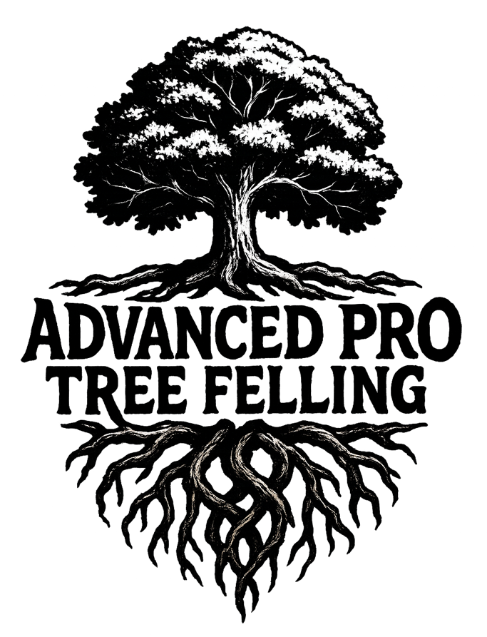 Black logo of a tree with roots and the text &ldquo;Advanced Pro Tree Felling&rdquo;