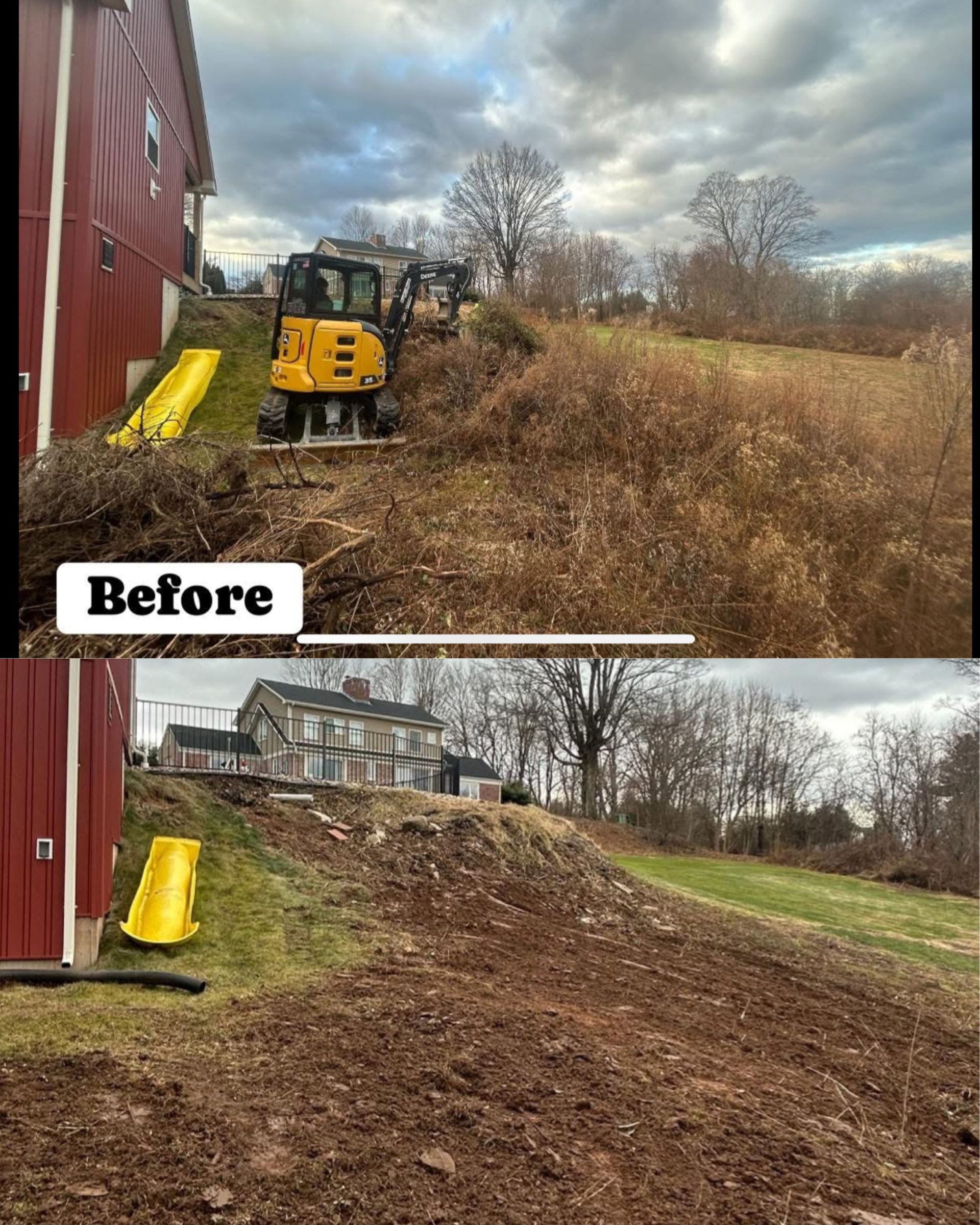 Before-and-after view of a lot beside a red building, with overgrown brush cleared to bare ground.