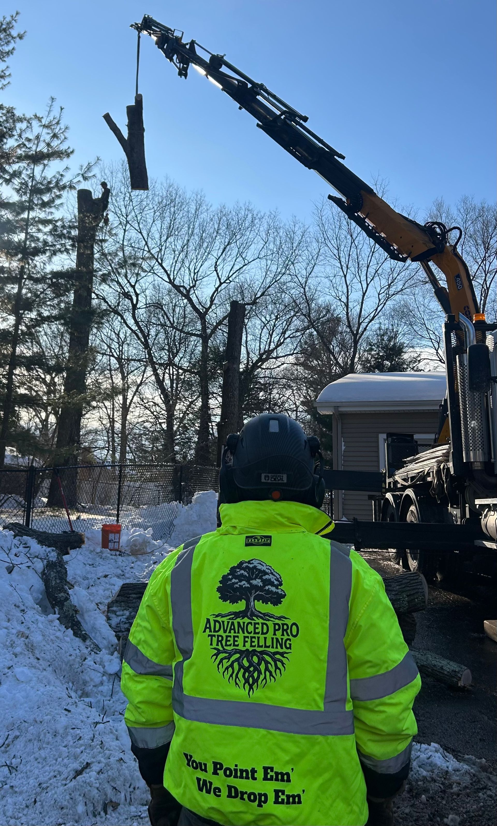 Worker in neon safety jacket watches a crane remove a large tree limb in a snowy roadside scene