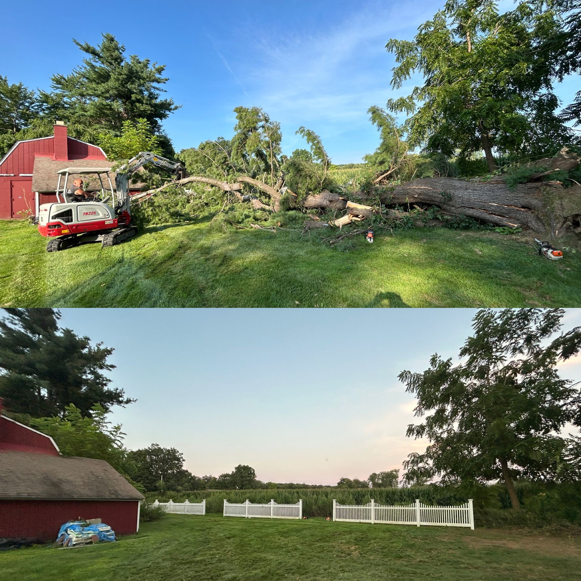 Storm-damaged tree across a grassy yard beside a red barn, with white fencing and a sunset sky