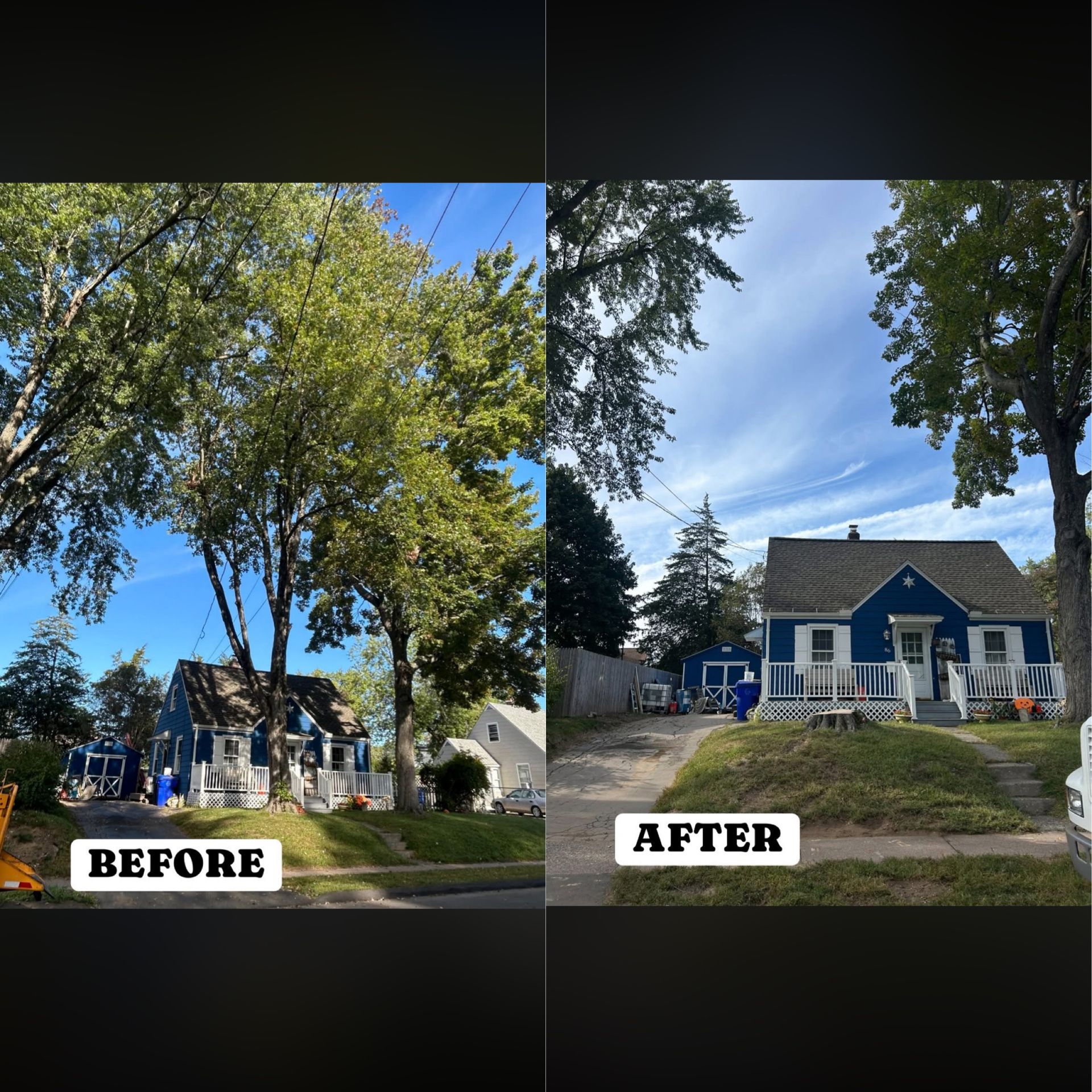 Before-and-after view of a blue house and yard, showing landscaping changes under a clear sky.