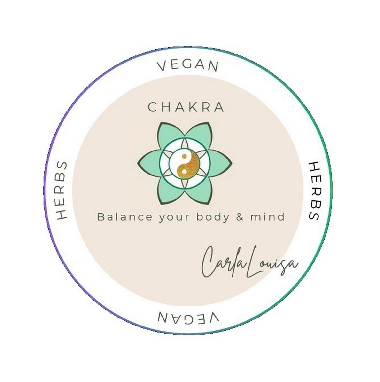 Rond veganistisch chakra-logo met kruiden, een pastelkleurig bloemenmotief en de tekst