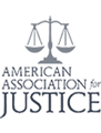 Logo of American Association for Justice: Scales of justice over the word "JUSTICE."