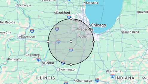 Map of Illinois and Indiana with a circular radius centered around a point, encompassing several cities.