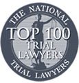 The National Trial Lawyers, Top 100 seal with Lady Justice silhouette in a gray circle.