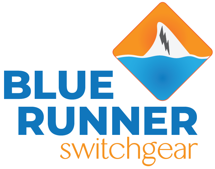 Logo for Blue Runner Switchgear: blue text, orange mountain icon, orange 