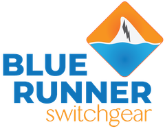 Logo for Blue Runner Switchgear: blue text, orange mountain icon, orange 