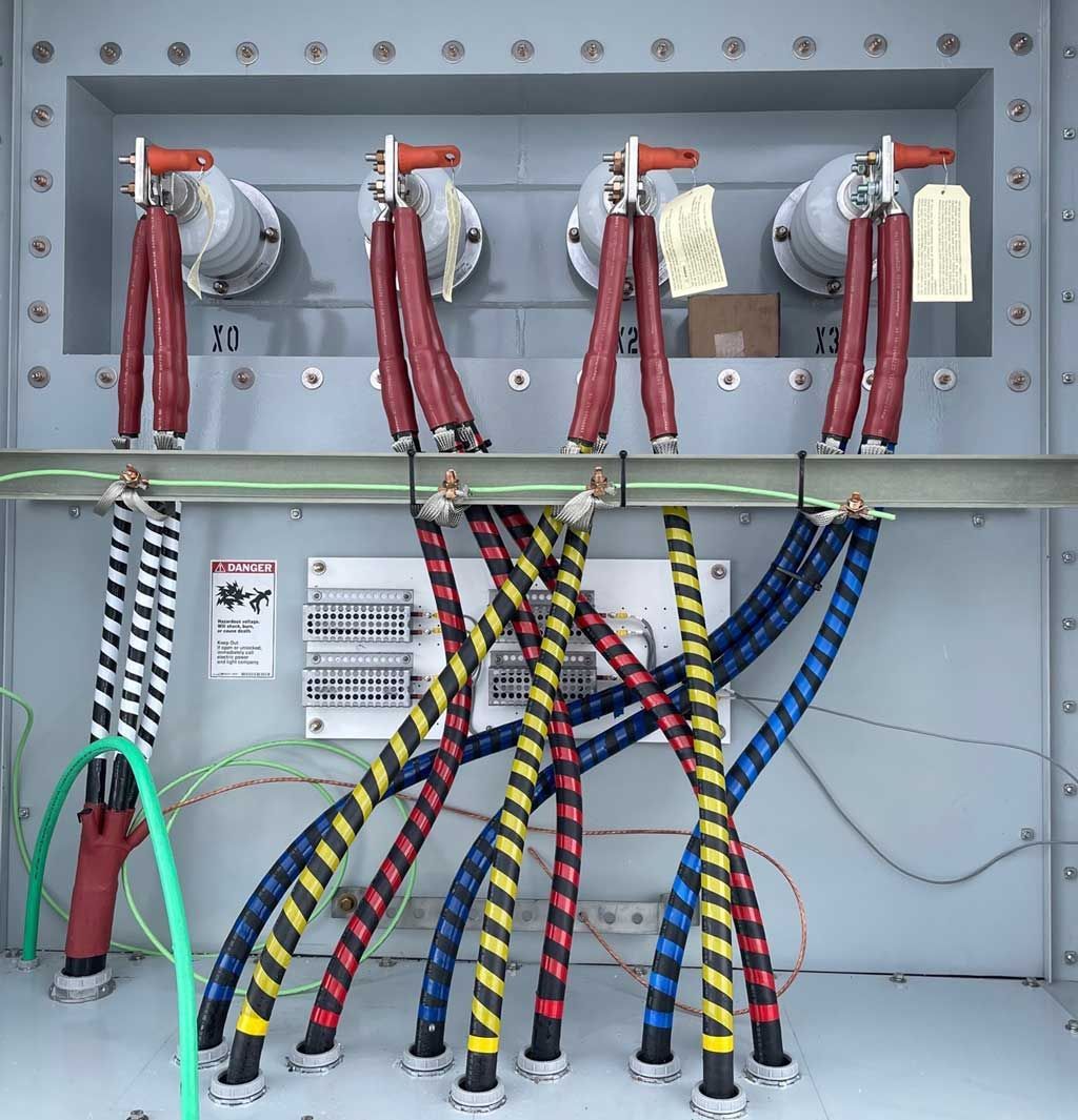 Electrical wiring within a gray metal cabinet, with red, yellow, blue, and black insulated cables.