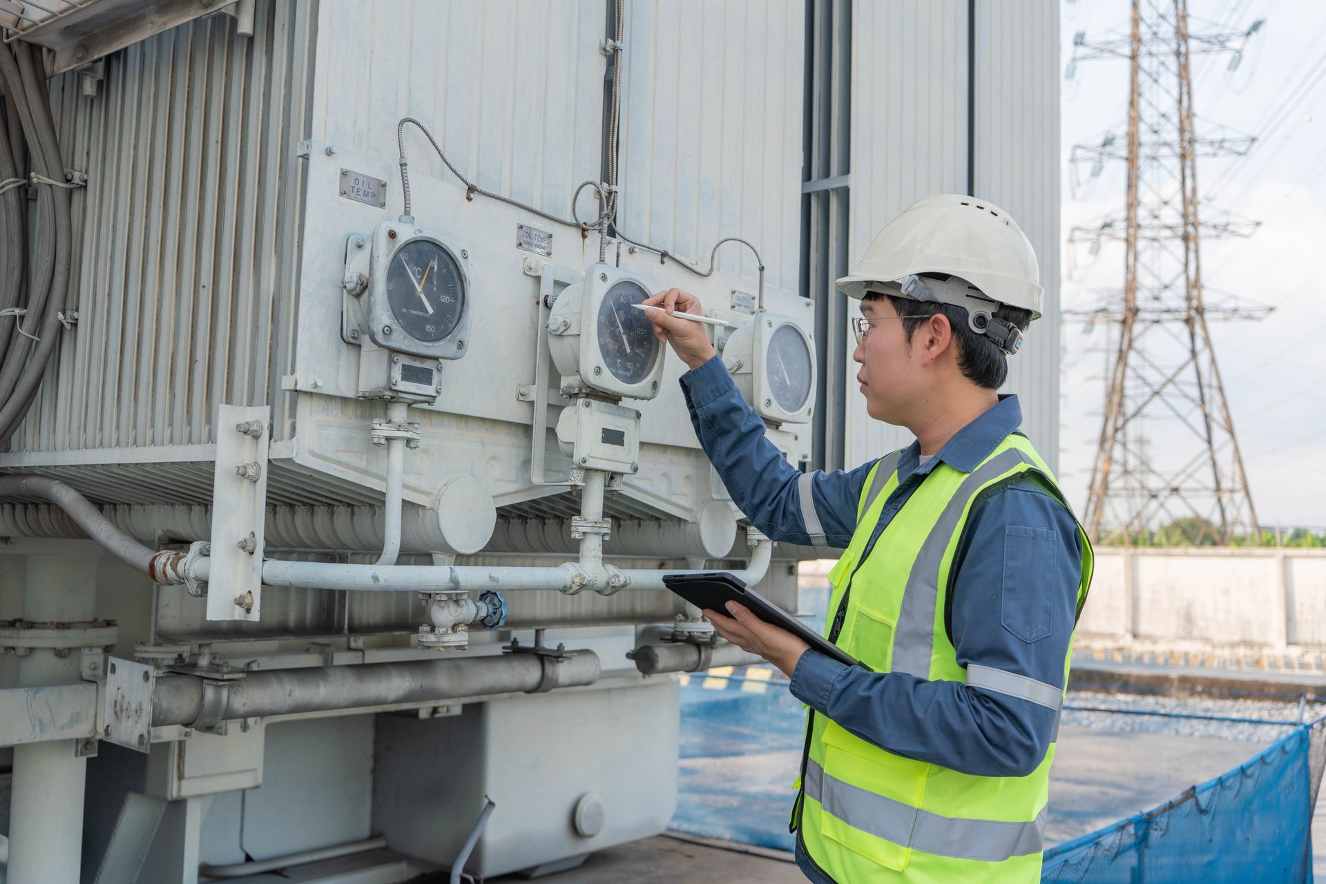 A professional who is inspecting a temperature indicator during a transformer oil testing review