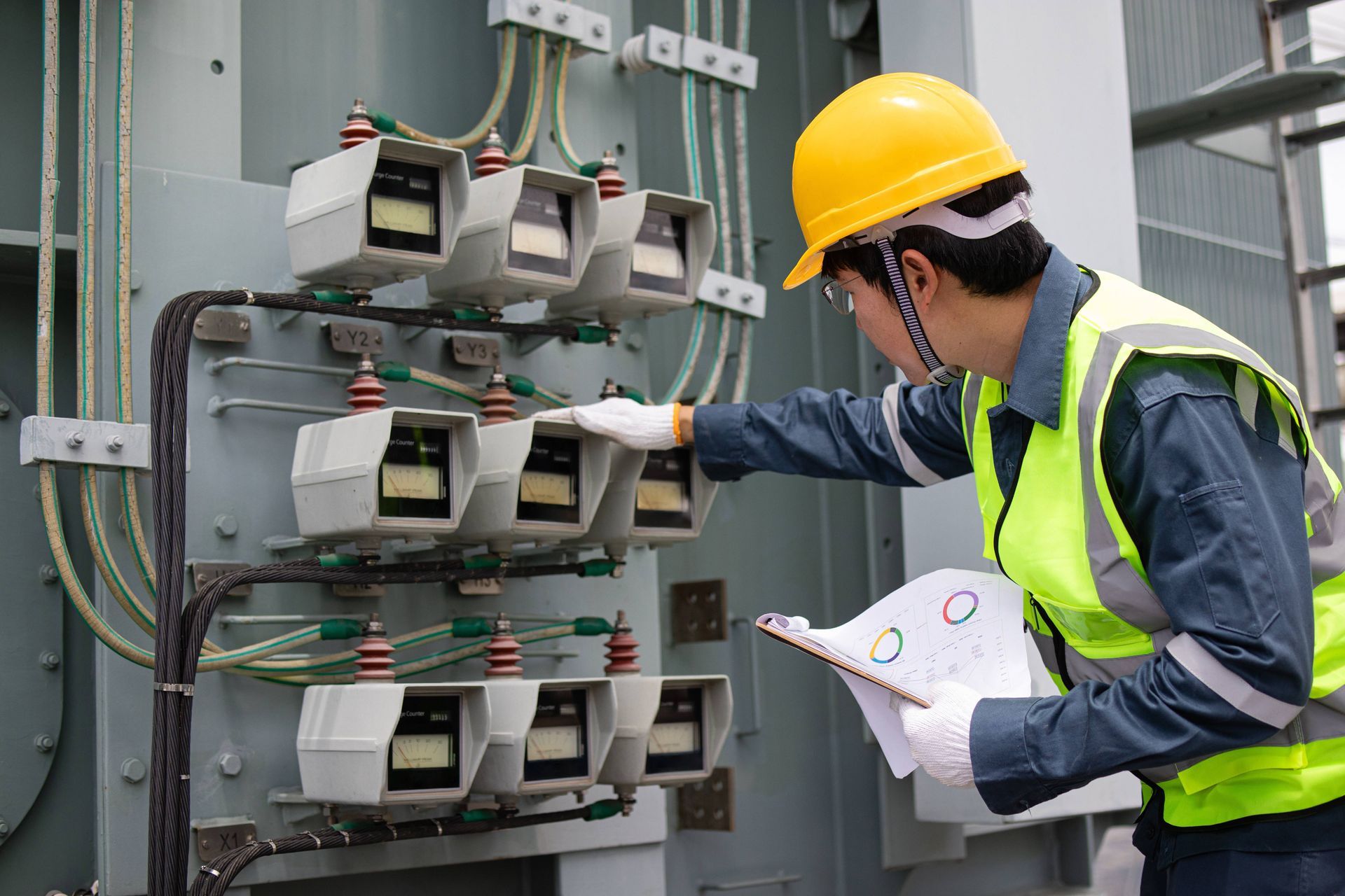 A certified professional wearing a yellow hard hat and safety vest, inspecting a transformer