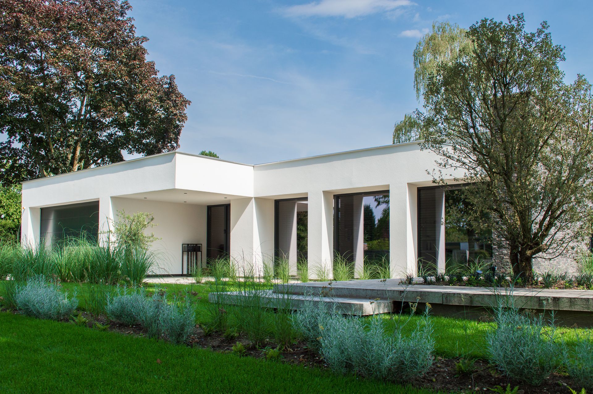 Een witte villa met veel ramen en bomen ervoor