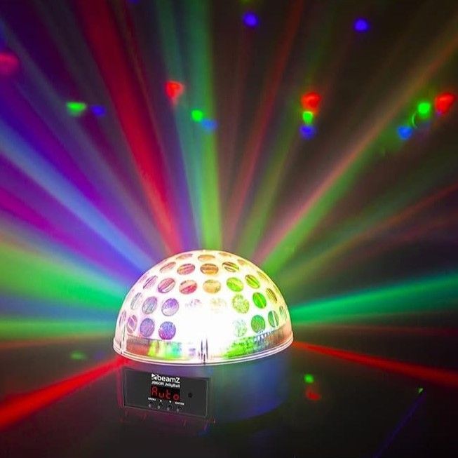 A disco ball light projecting vibrant purple and red beams of light in a dark setting, showing an 'Auto' mode display.