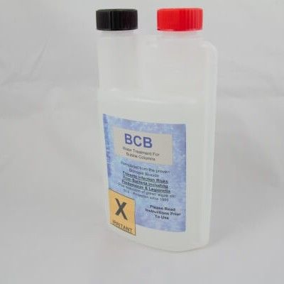 A two-chambered translucent plastic bottle with a black cap, red cap, and a label marked