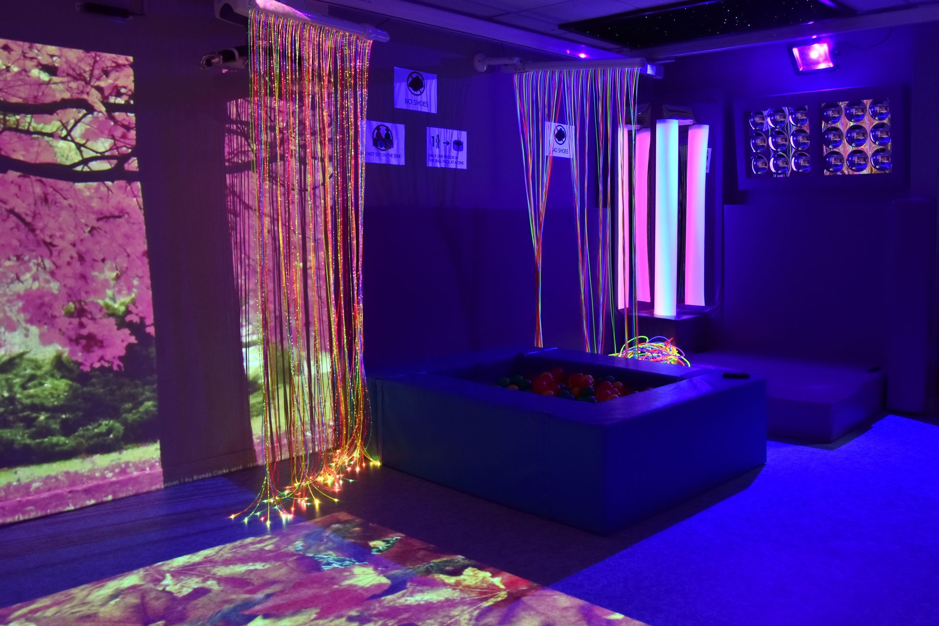 A sensory room with a ball pit, soft floor mat, decorative hanging streamers, and projections of trees in purple light.