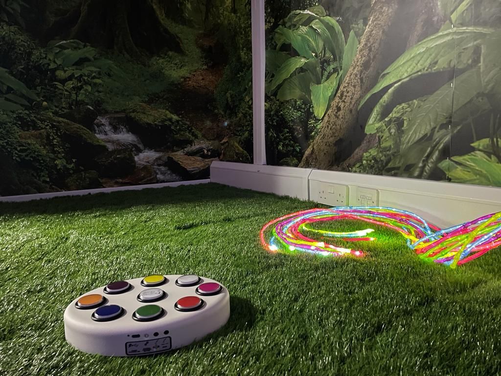 A sensory controller with colorful buttons sits on artificial grass next to a glowing fiber optic light display.