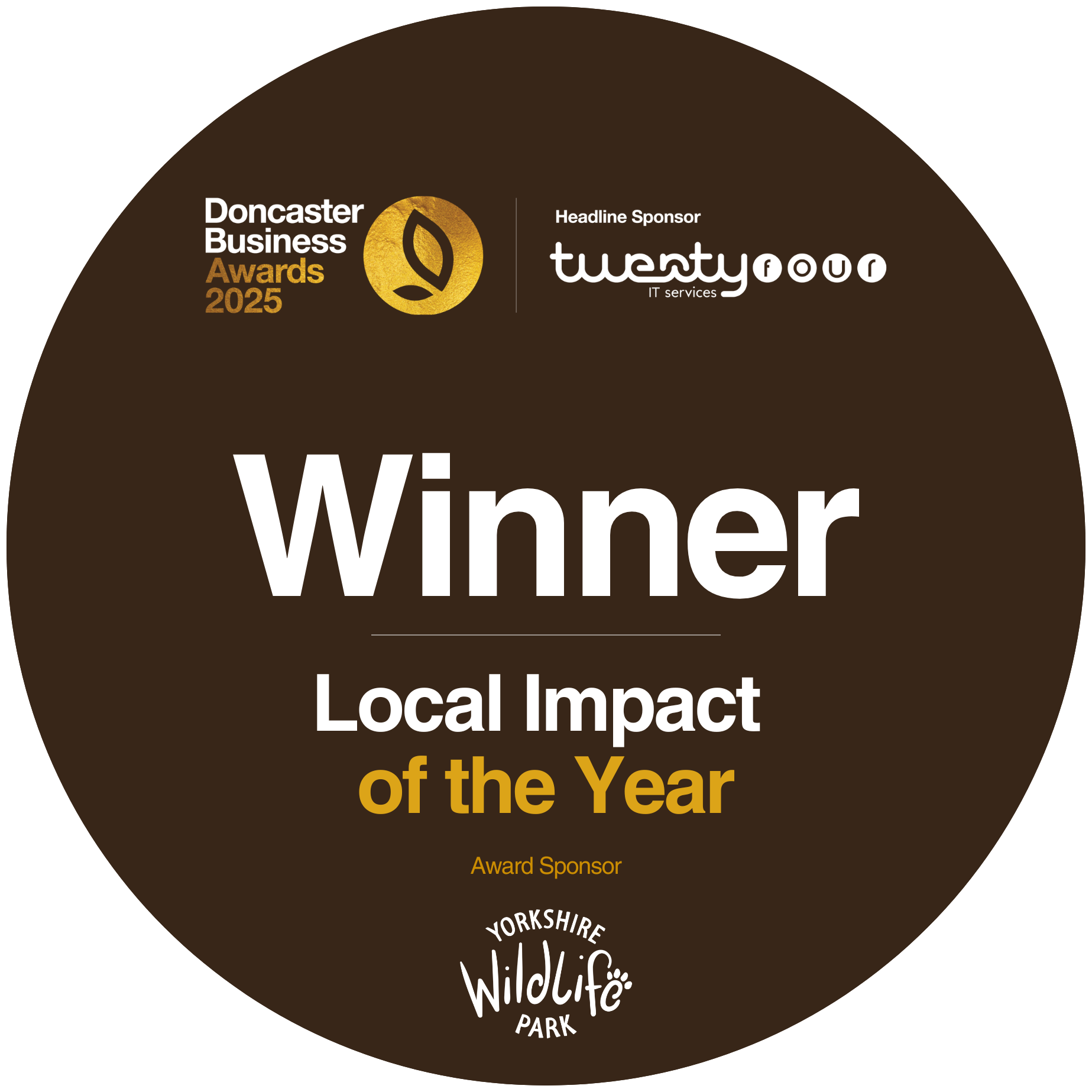 A circular brown logo for the 2025 Doncaster Business Awards, announcing the 