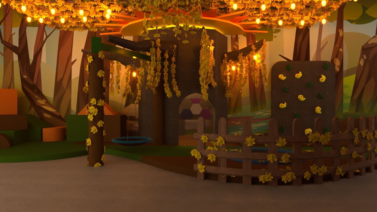 An indoor children's play area featuring a large, illuminated faux tree with hanging vines and a small climbing wall.