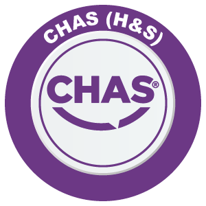 A purple and white circular logo for CHAS (H&S) accreditation, featuring the text 