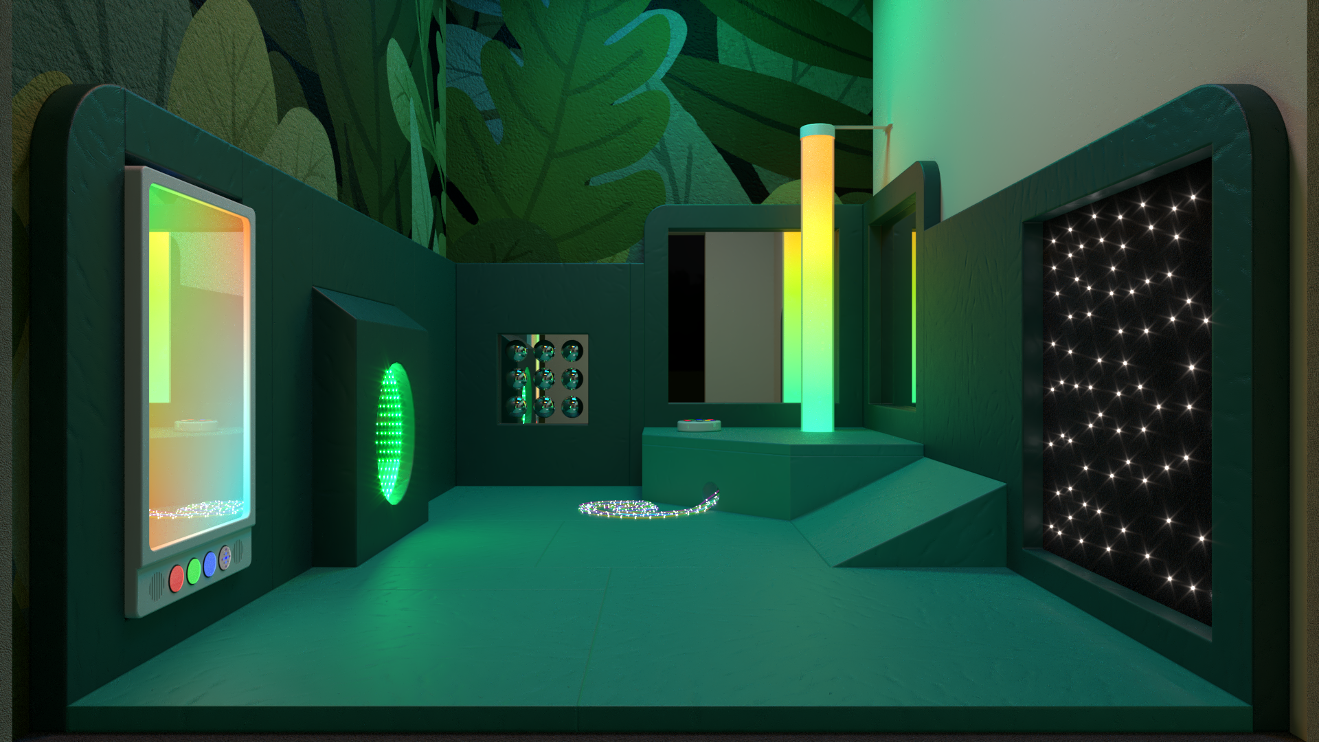A sensory room features a gradient light panel, fiber optic light, starlit wall, and interactive elements on teal walls.