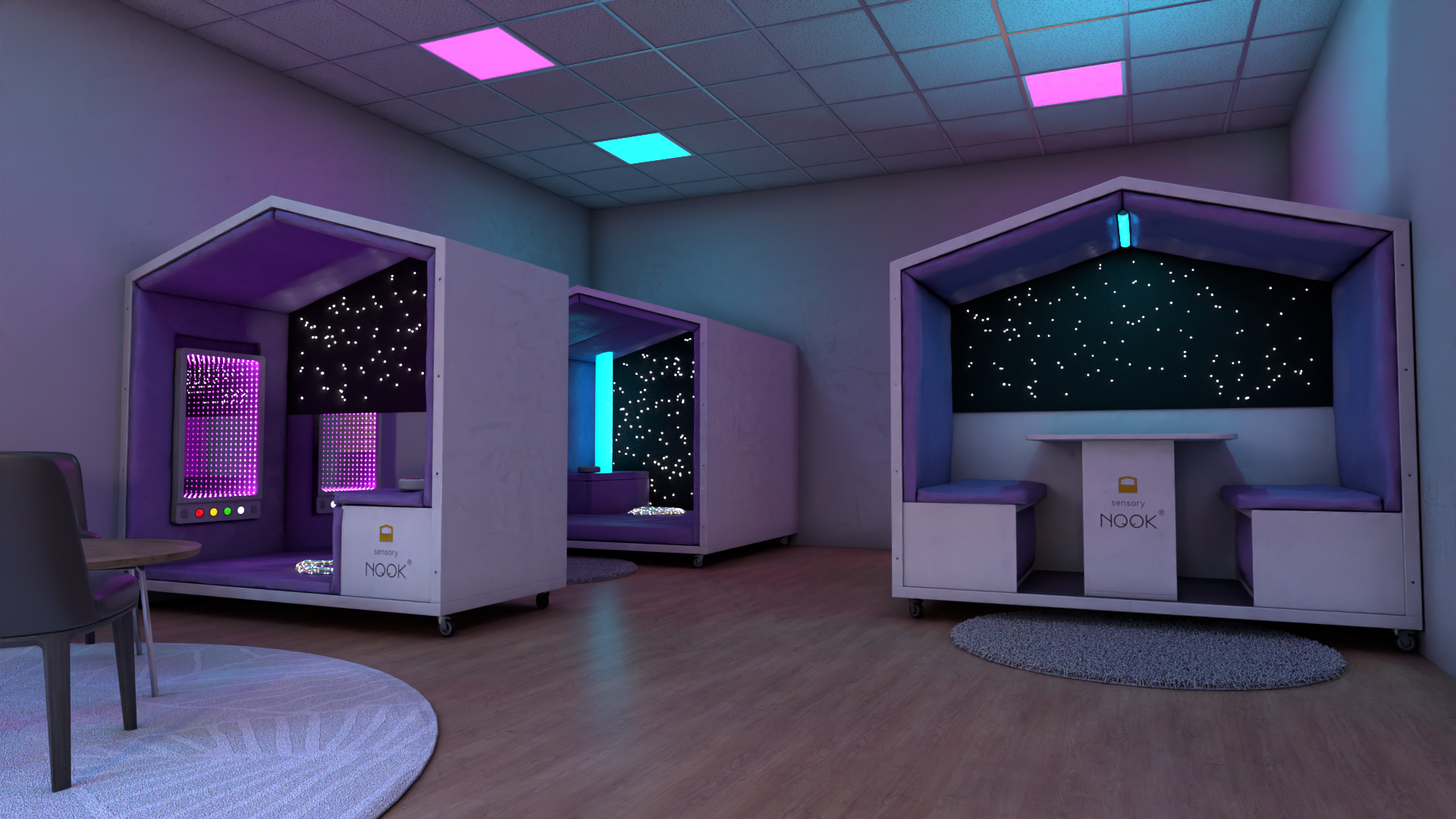 A section of the room with a Sensory Nook Support, Interactive and Interactive XXXL including RGBW controllable lighting.