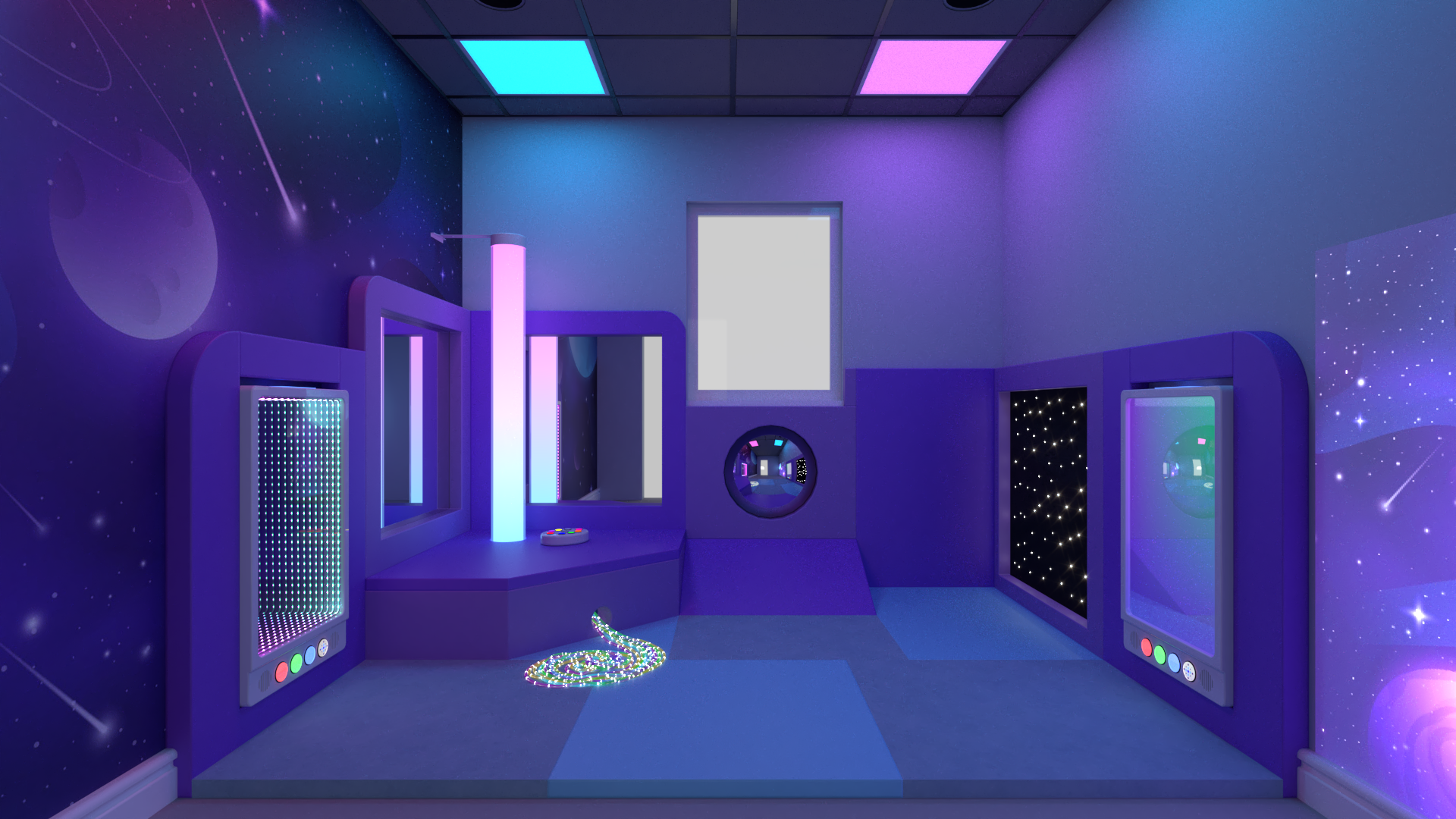 A multisensory space with purple walls, glowing panels, a starry mural, and soft floor mats for calming exploration.