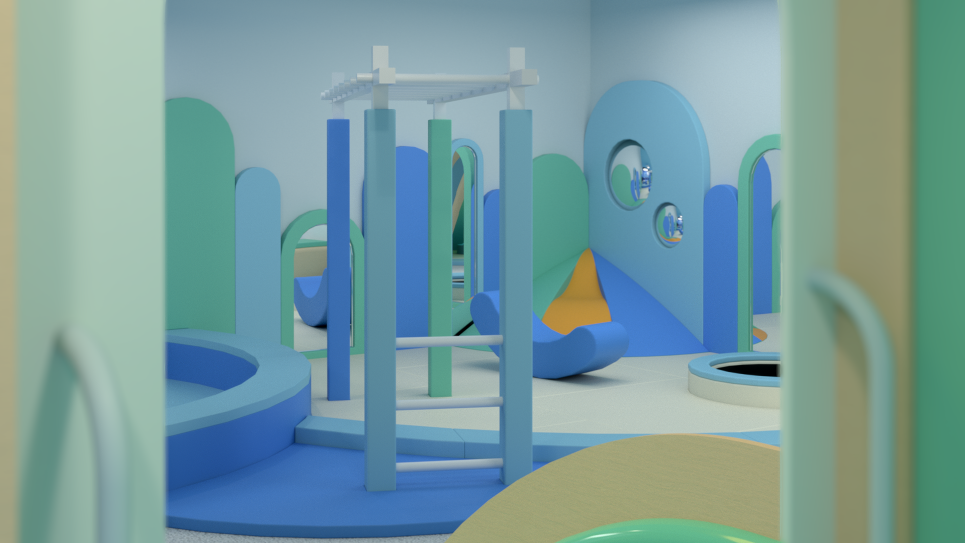 Indoor play area with blue and green foam climbing structures, ramps, and platforms in a soft-toned, modern room.