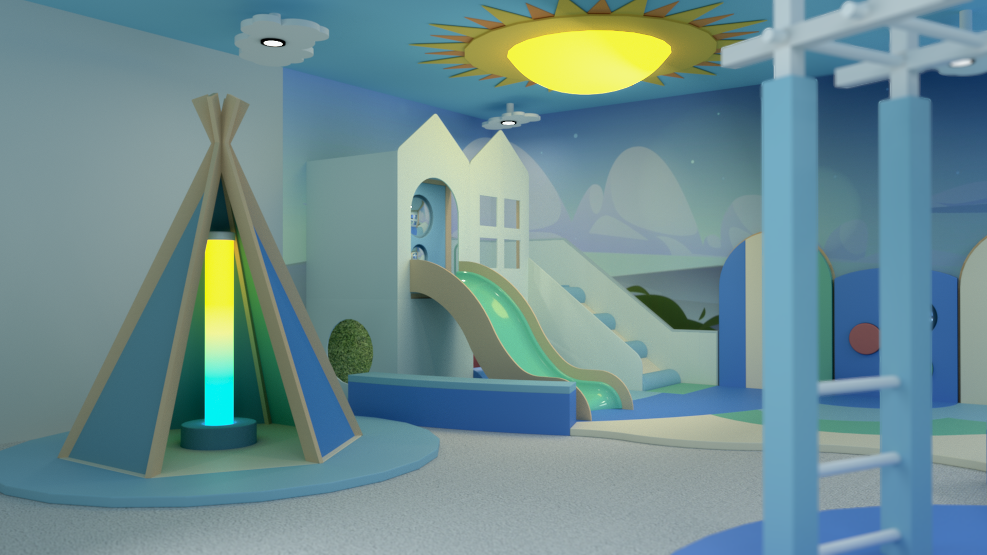 A colorful indoor play area with a teepee, a small slide, and a sun-themed ceiling light in a blue, sky-inspired room.