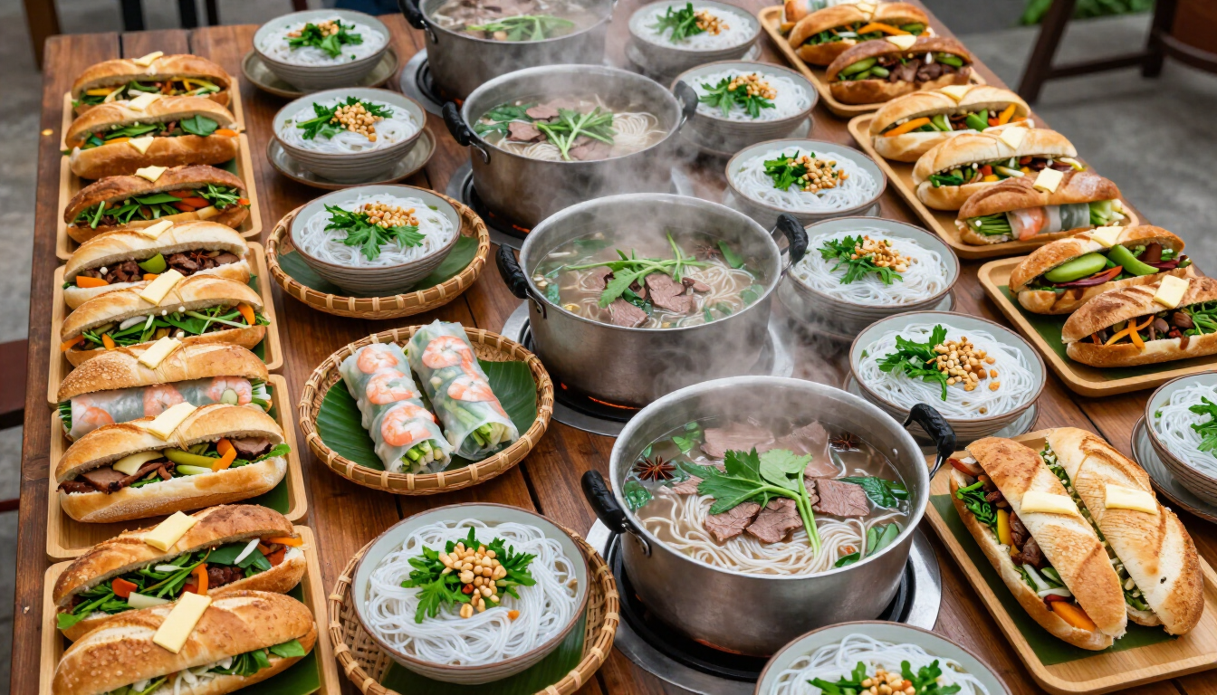 Vietnamese catering trays spread on a long table for a group event