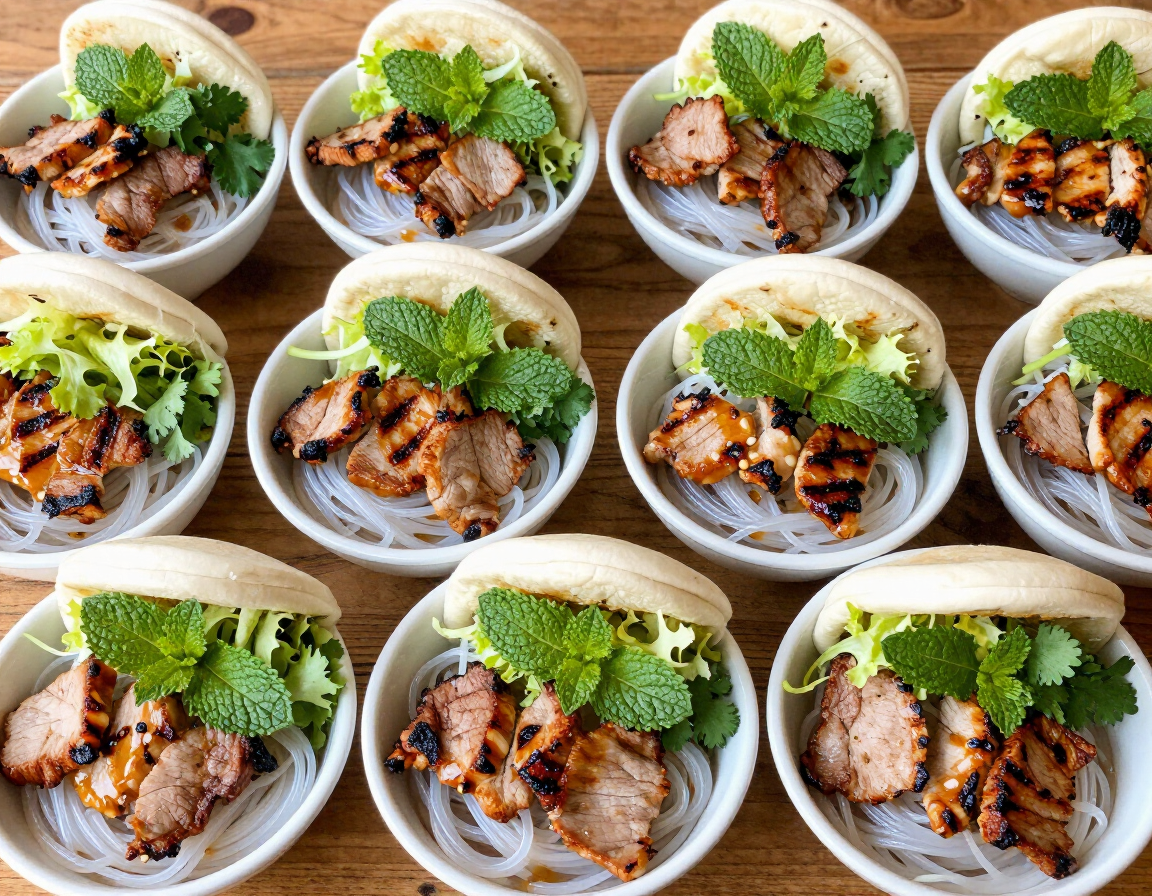 Bún vermicelli catering tray with char-grilled pork and herbs