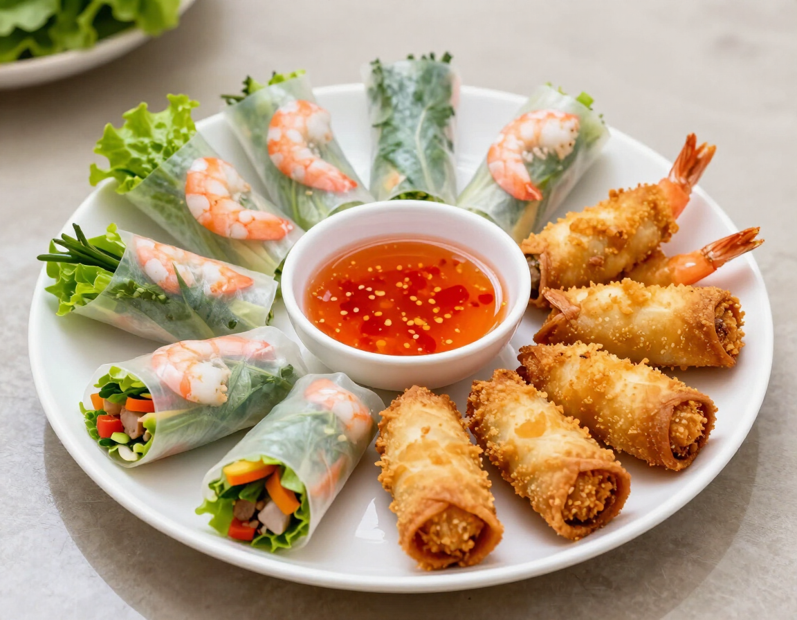 Khai Vị appetizer tray with spring rolls, egg rolls, and fried shrimp