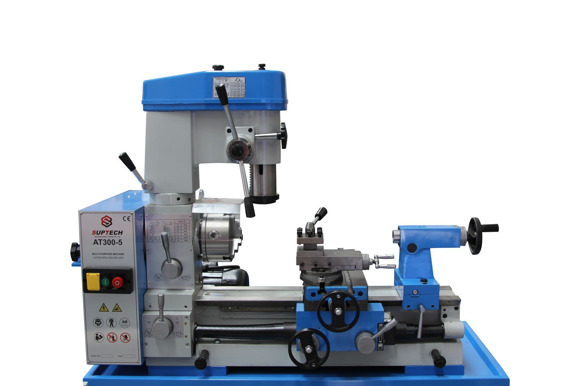 Blue-and-gray metal milling machine on a white background