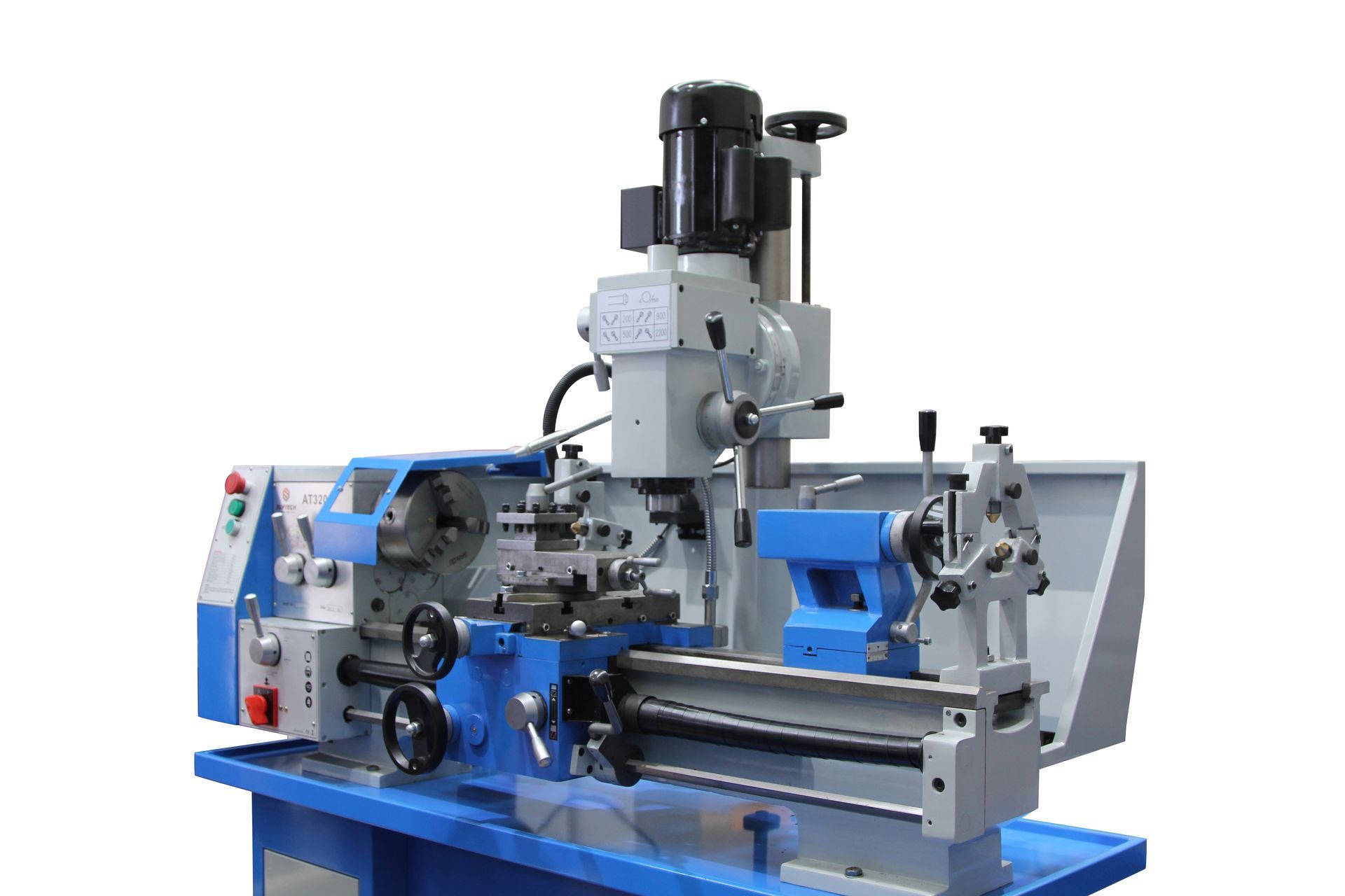 Blue and gray metal lathe machine on a workshop floor, shown in side view