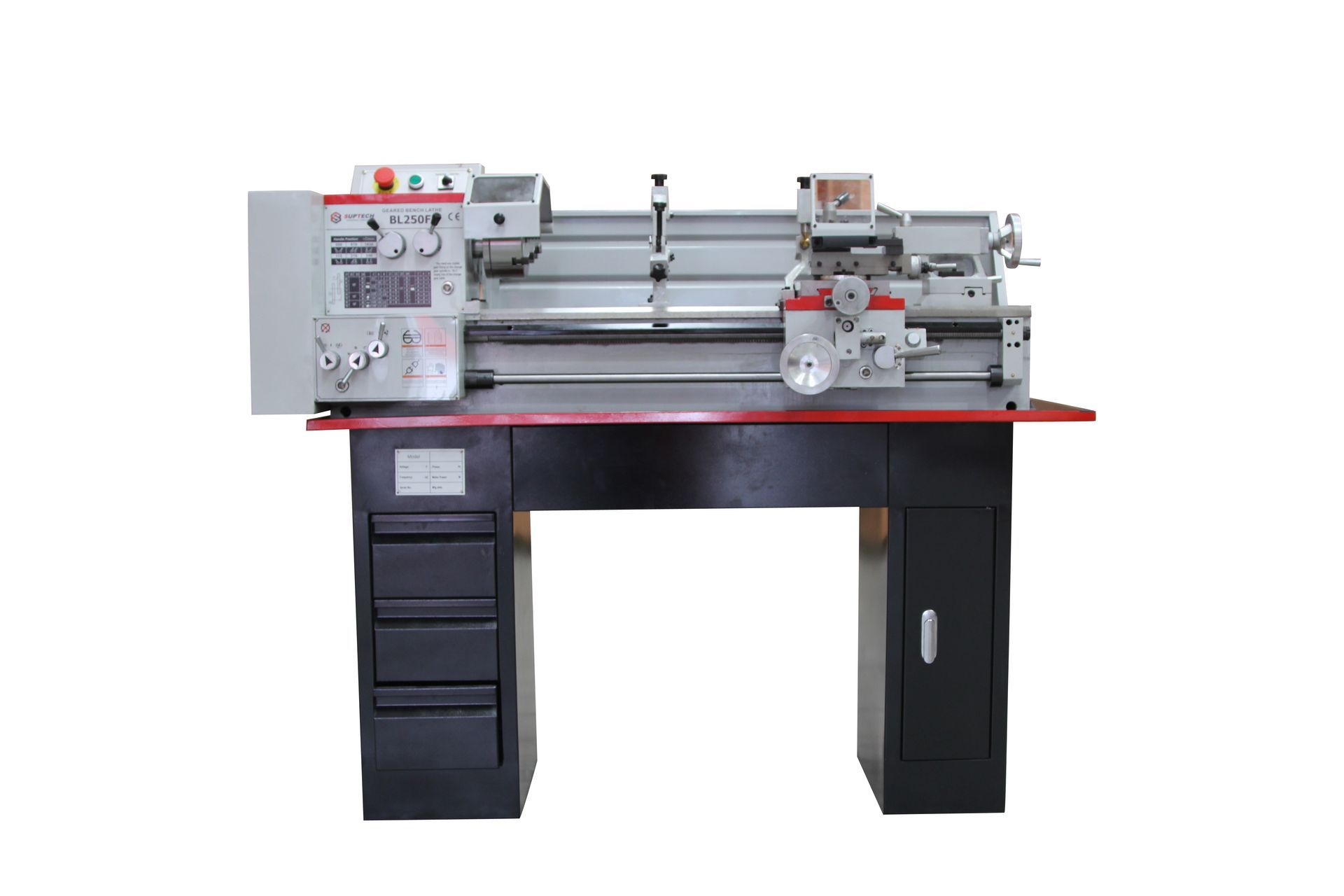 Gray metal lathe on a black stand, with control panel and red accents, in a workshop setting