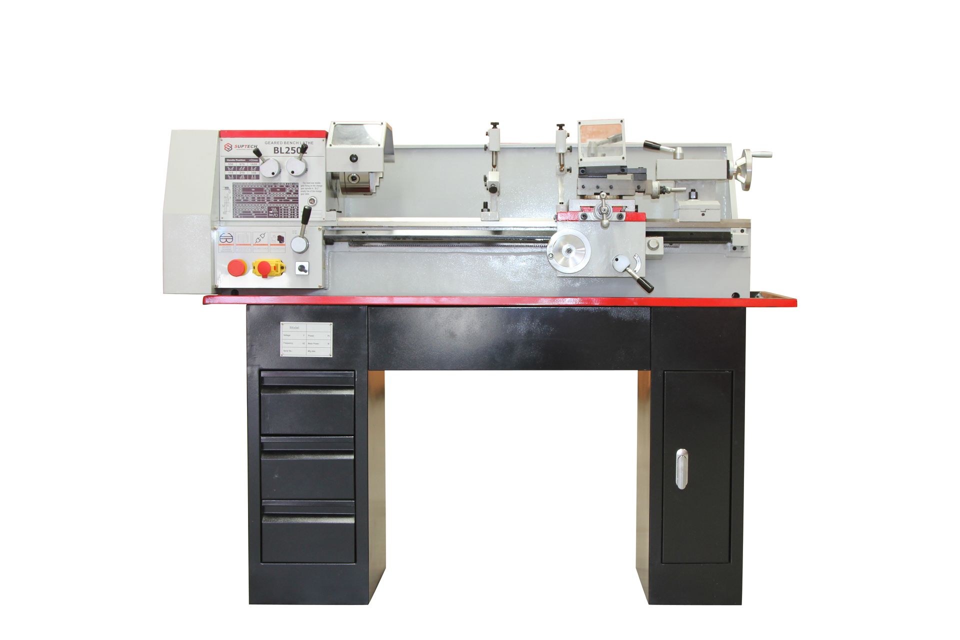 Industrial metal lathe on a black stand with a red work surface