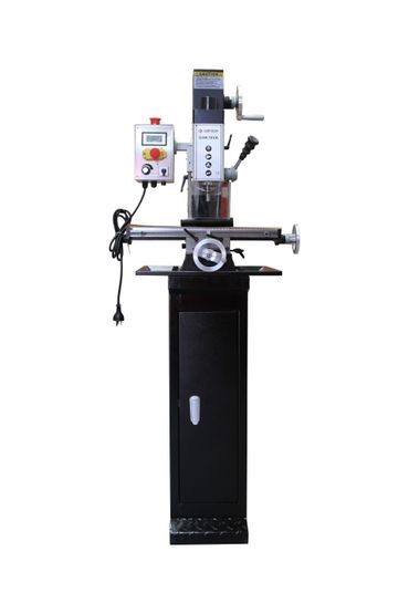 Industrial machine with a black base, silver vertical column, and hand crank on a white background