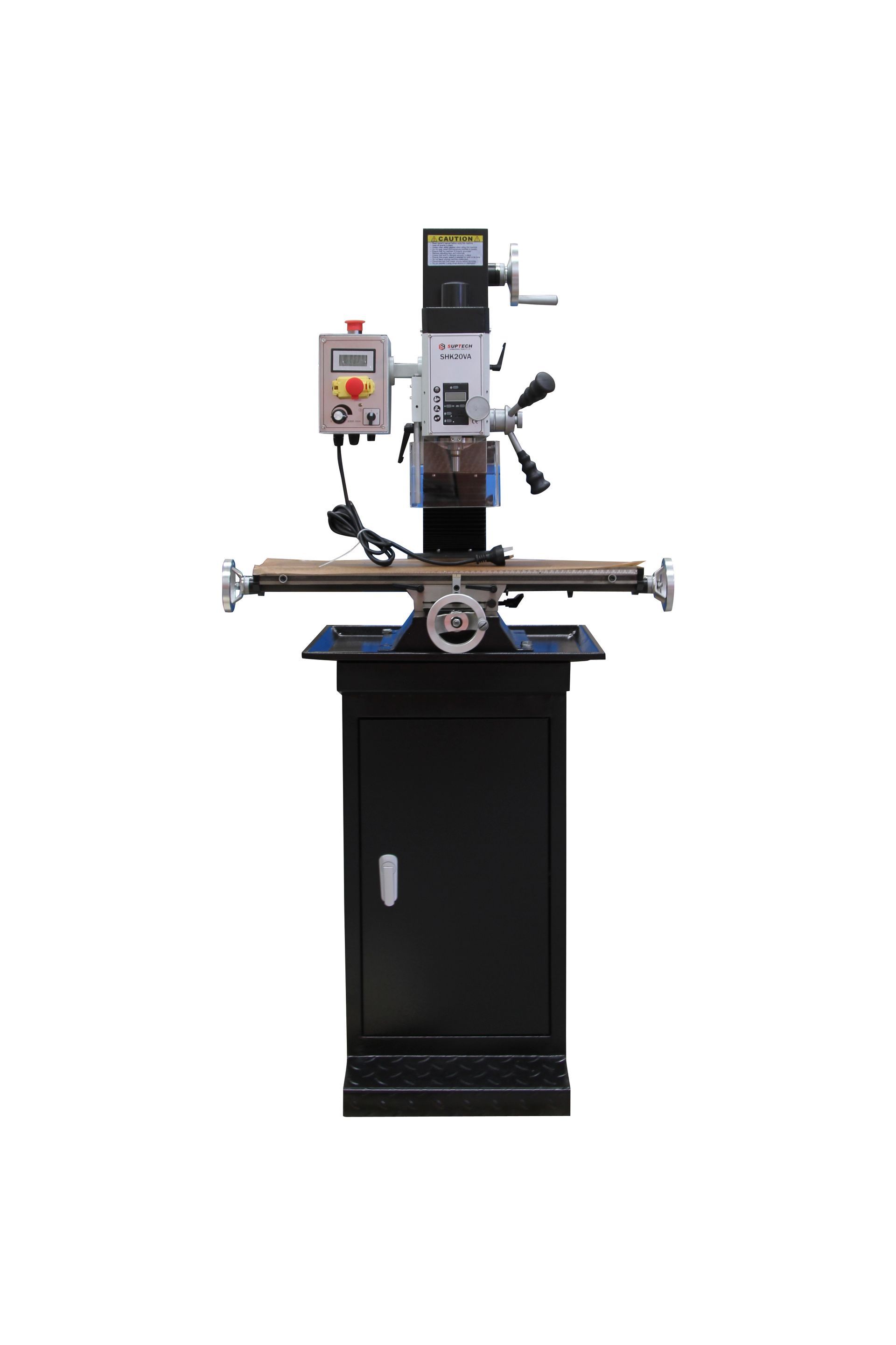 Vertical milling machine with black base, silver head, and control panel on a white background