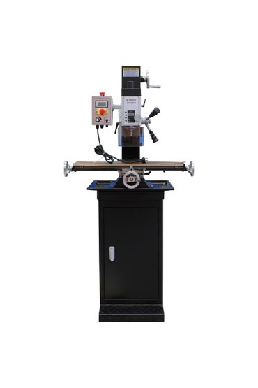 Vertical milling machine with black base, silver head, and control panel on a white background