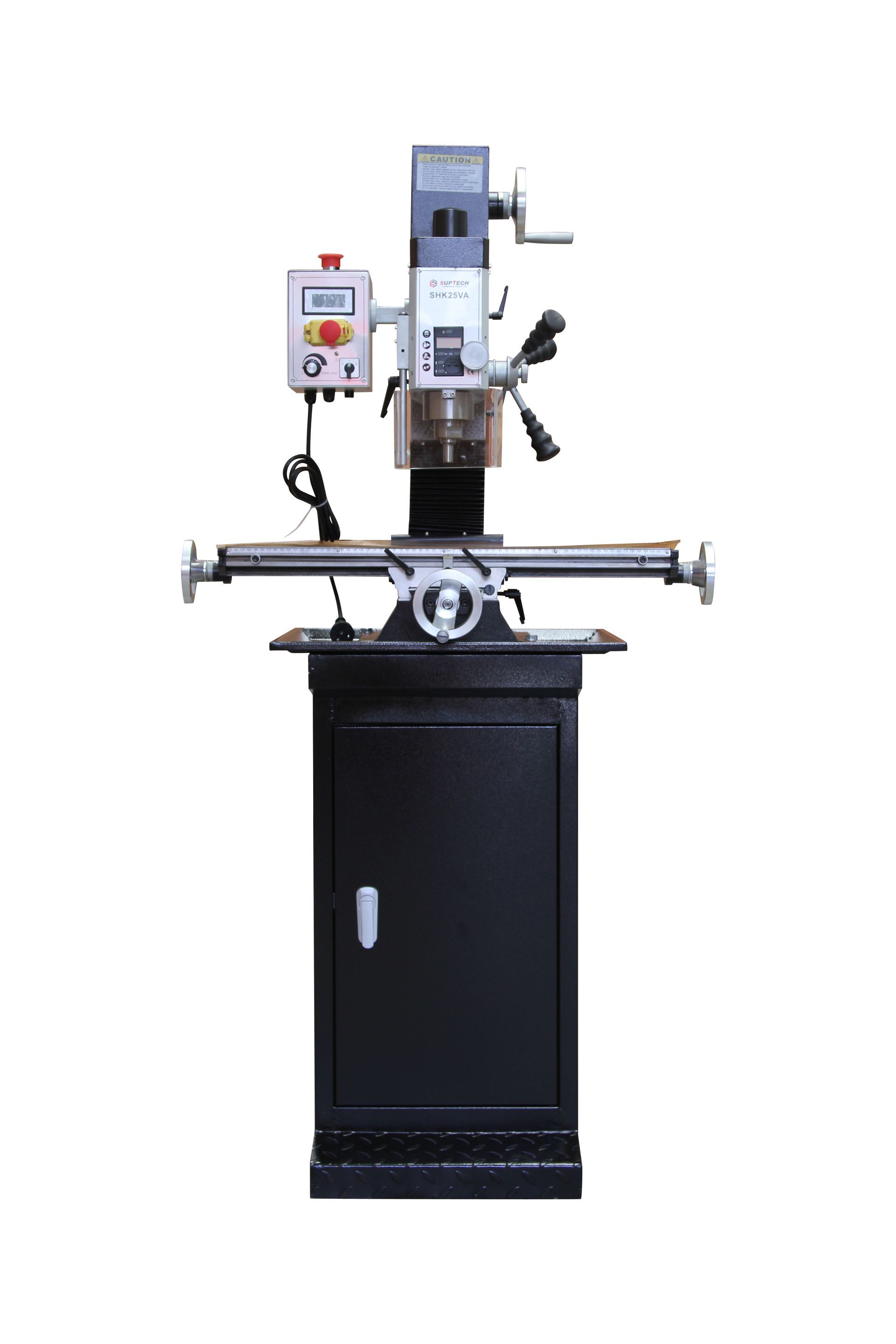 Vertical milling machine on a black cabinet stand, with control panel and handwheels.