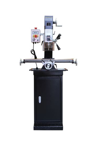 Vertical milling machine on a black cabinet stand, with control panel and handwheels.