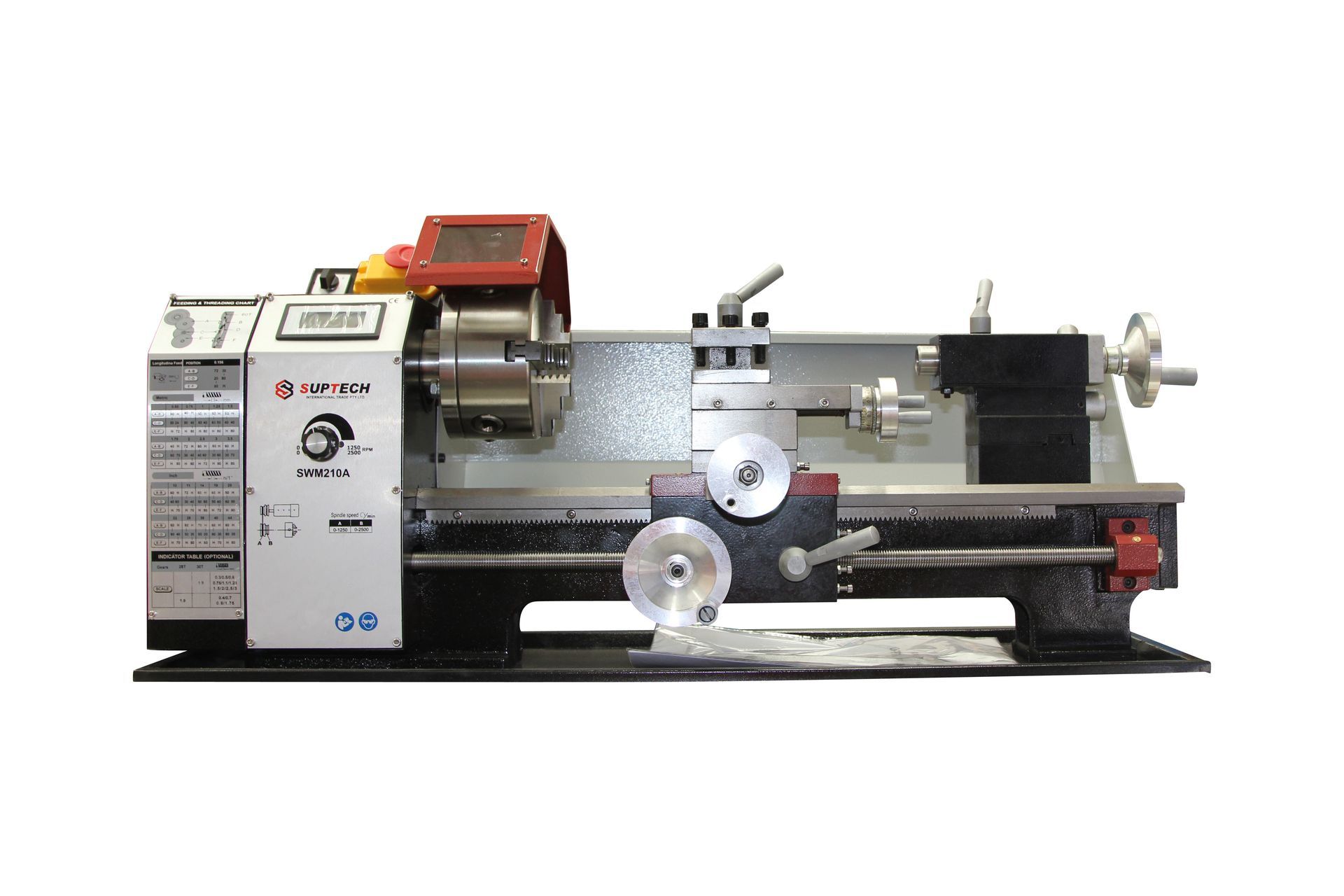Industrial metal lathe machine on a white background